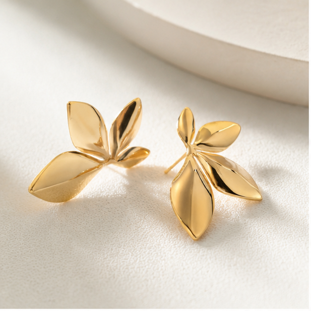 Golden Leaf Bloom Stud Earrings