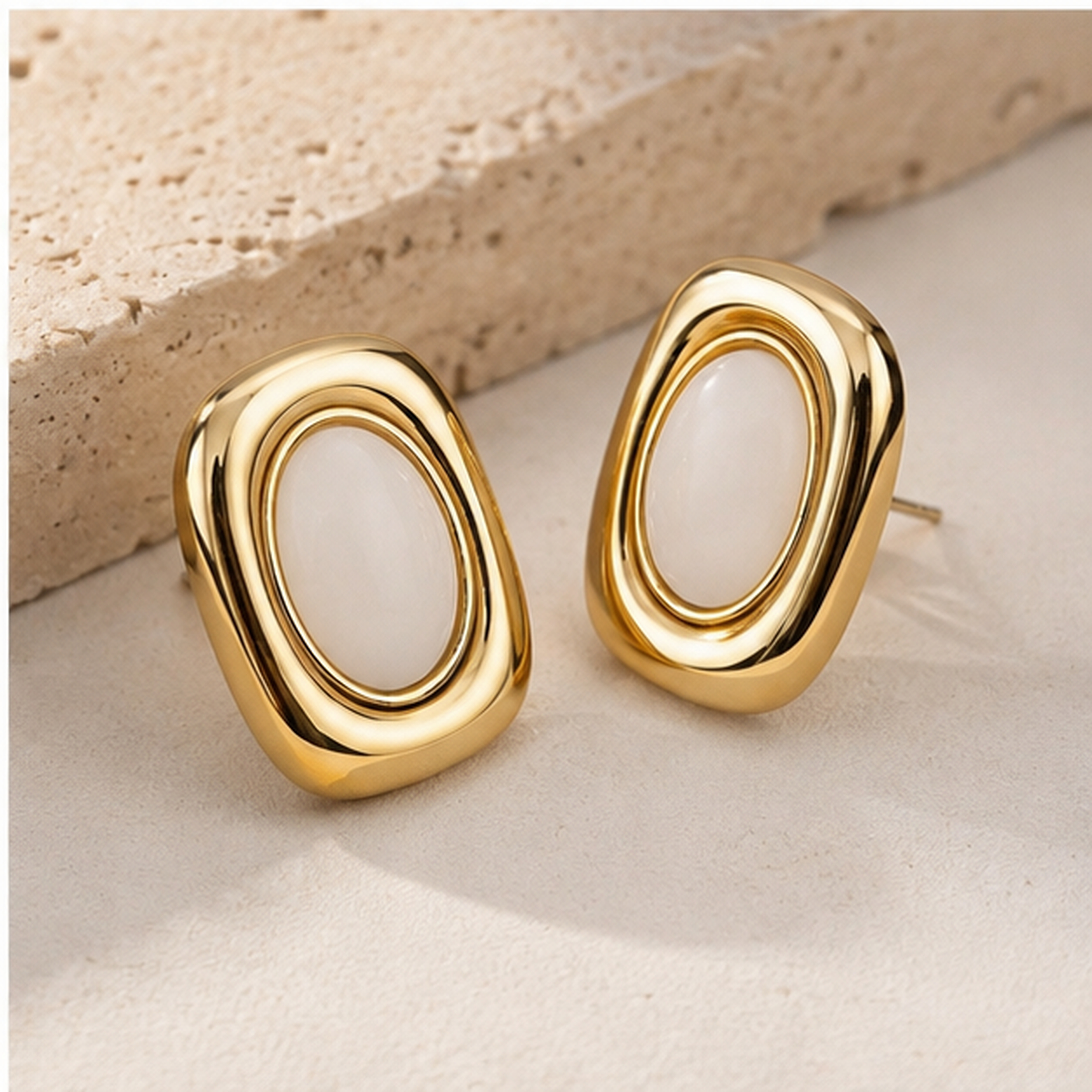 Luna Oval White Stone Stud Earrings